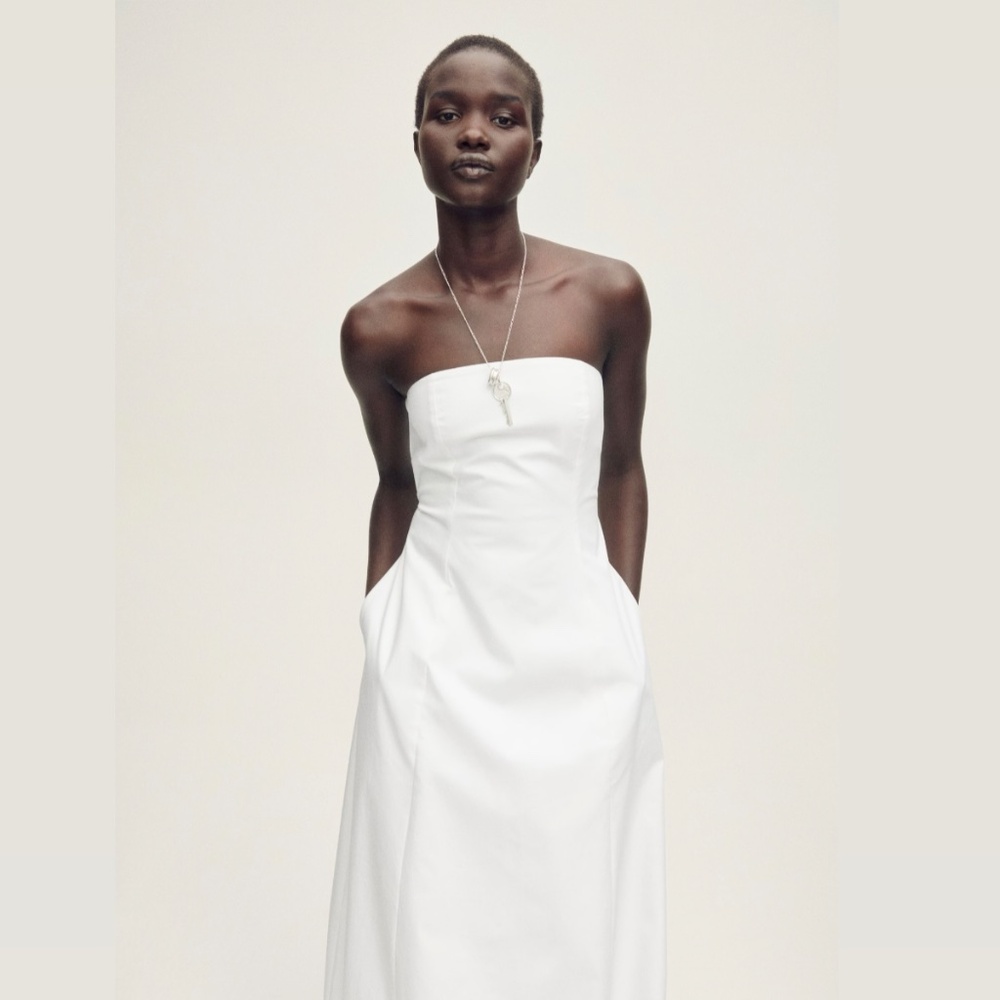 MANGO (MNG Selection) Strapless Dress with Puffed Hem, white,✨ NWT